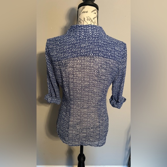 NY&C Long Sleeve Blue & White Polka Dot Sheer Vintage Ruffle Top Size XS - Picture 2 of 4